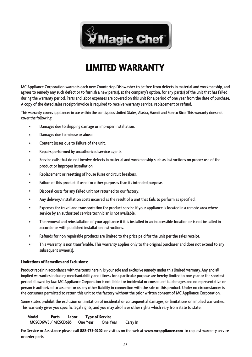 Página 1 del manual Información de garantía Magic Chef MCSCD6B5
