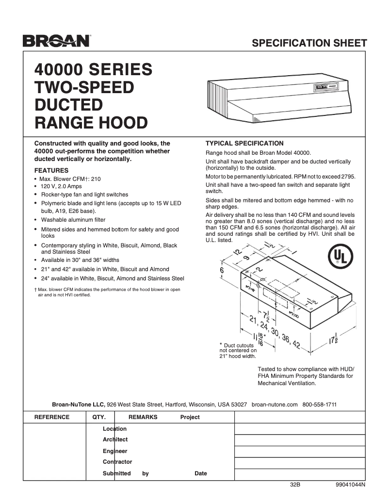 Page 1 de la notice Fiche technique Broan 403023