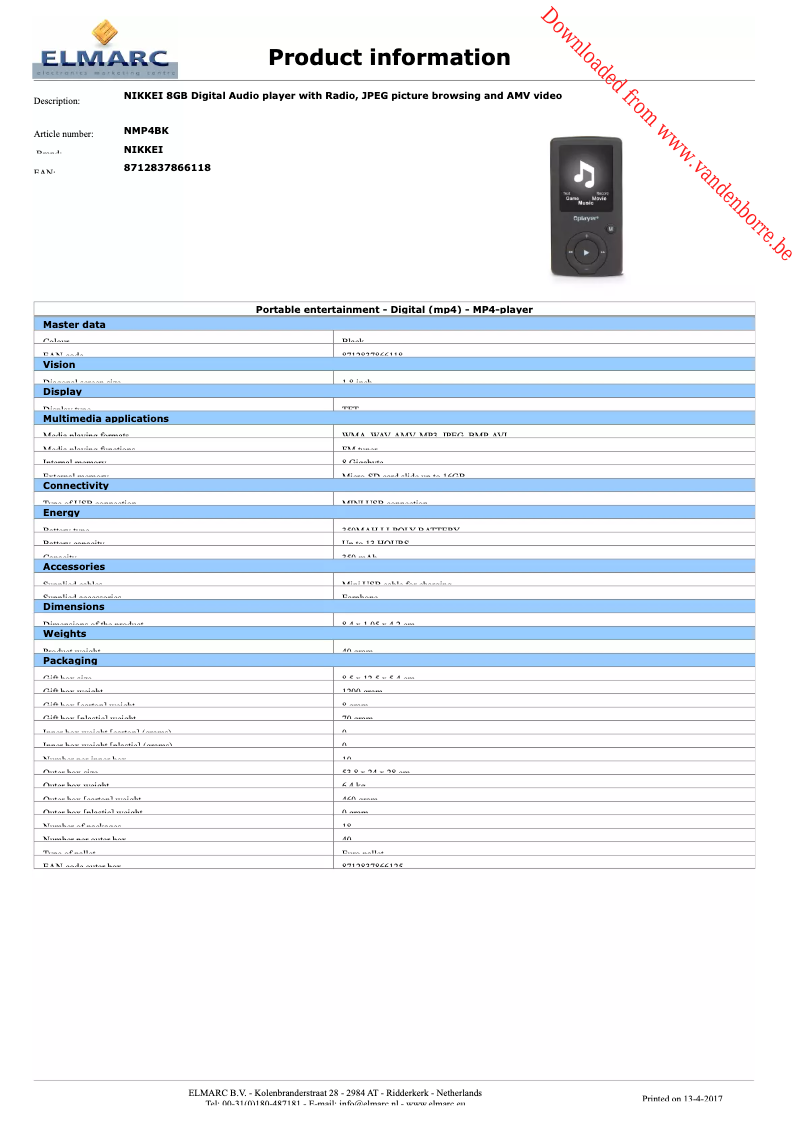 Page 1 de la notice Fiche technique Nikkei NDB10