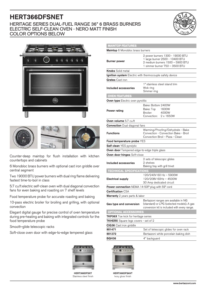 Page 1 de la notice Fiche technique Bertazzoni HERT366DFSXT