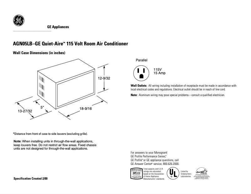Página 1 del manual Ficha técnica GE Quiet-Aire AGN05LB