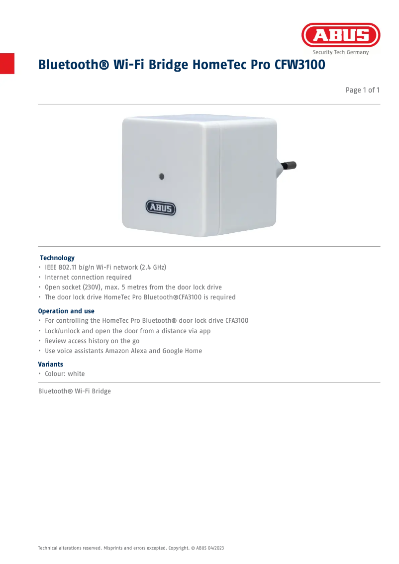 Page 1 de la notice Fiche technique Abus CFW3100