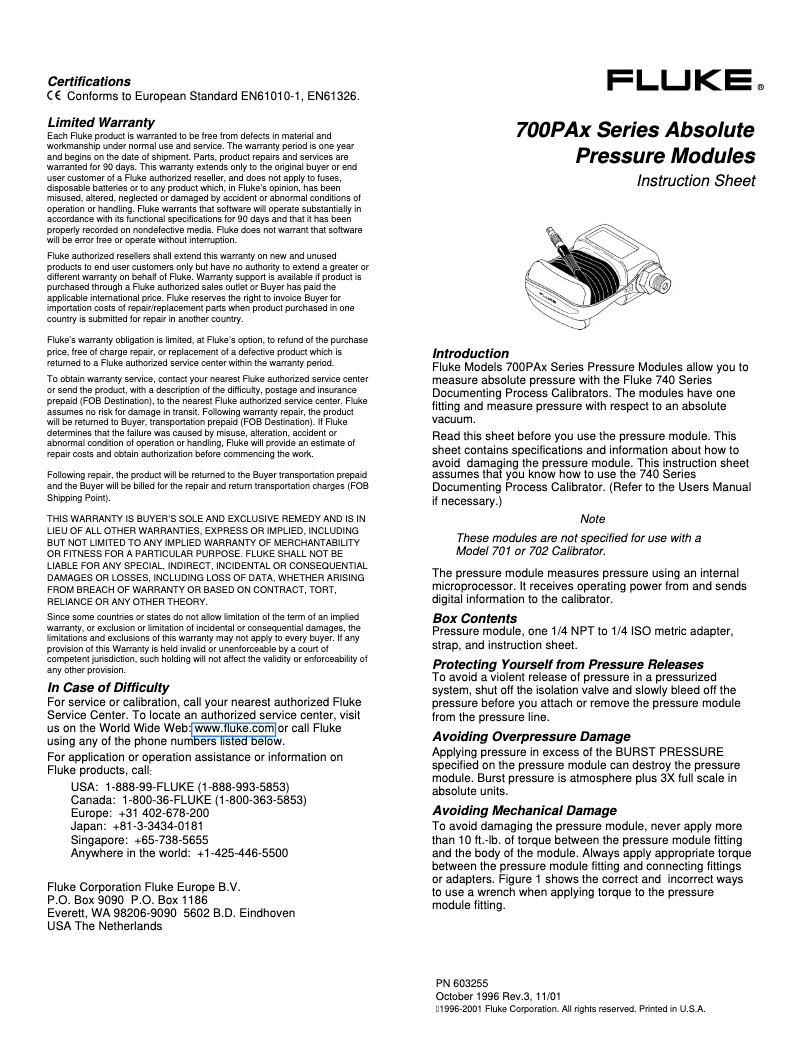 Page 1 de la notice Instructions / montage Fluke 700PA3