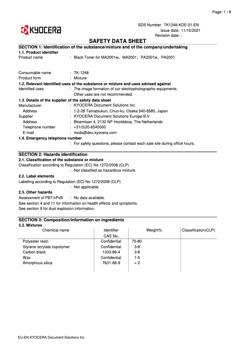 Page 1 de la notice Instructions de sécurité Kyocera ECOSYS PA2001w