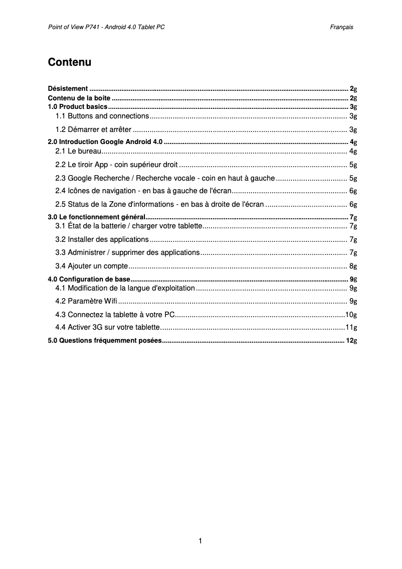 Page 1 de la notice Manuel utilisateur Point of View Mobii P741