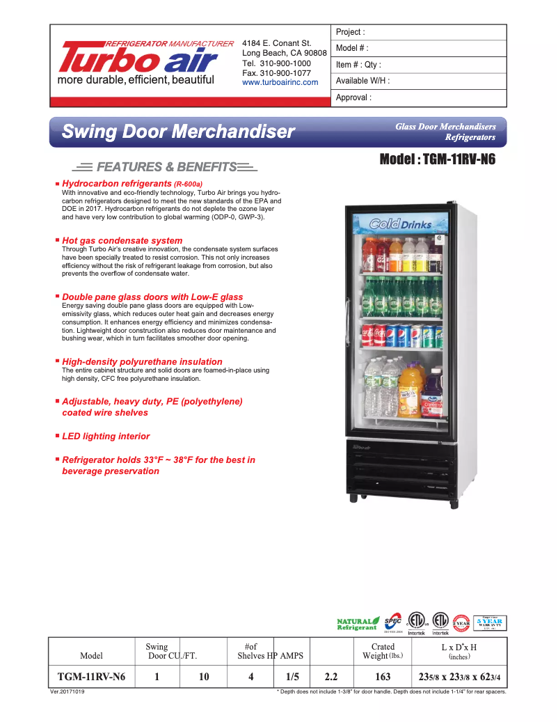 Página 1 del manual Ficha técnica Turbo air TGM-11RV