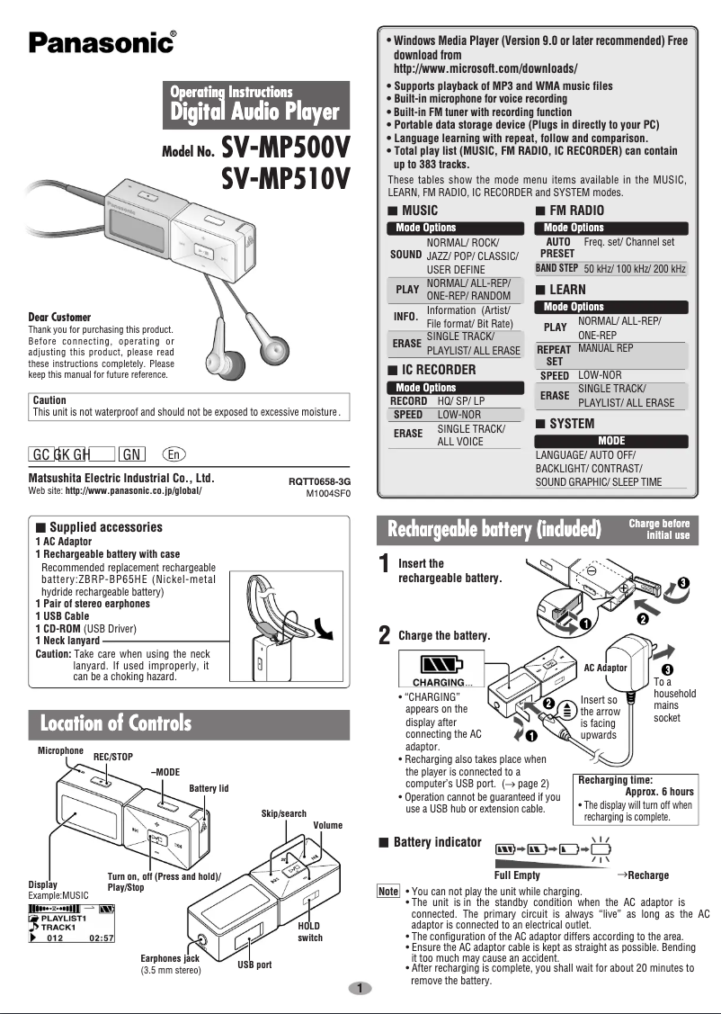 Page 1 de la notice Manuel utilisateur Panasonic SV-MP510V
