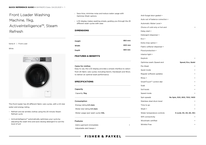 Page 1 de la notice Fiche technique Fisher & Paykel WH1160F2