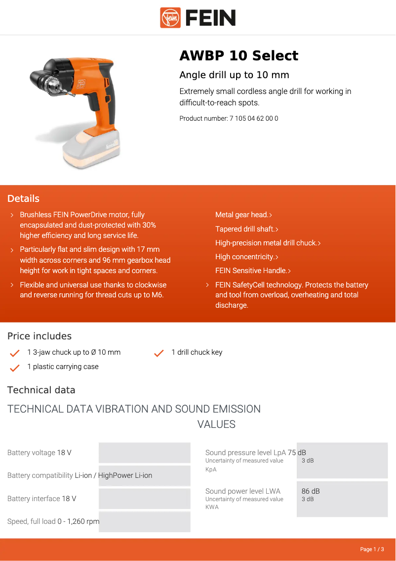 Page 1 de la notice Fiche technique Fein AWBP 10 Select