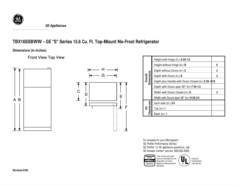 Página 1 del manual Ficha técnica GE TBX16SSBLWW