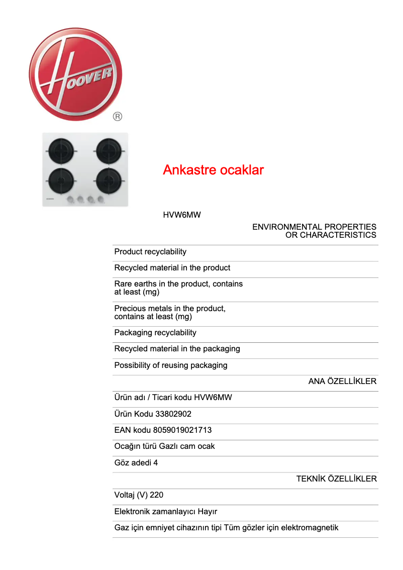 Page 1 de la notice Fiche technique Hoover HVW6MW