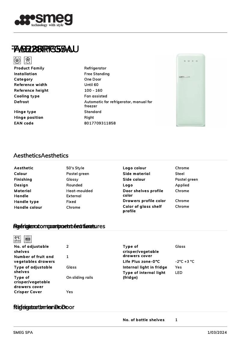 Page 1 de la notice Fiche technique Smeg FAB28RPG5AU