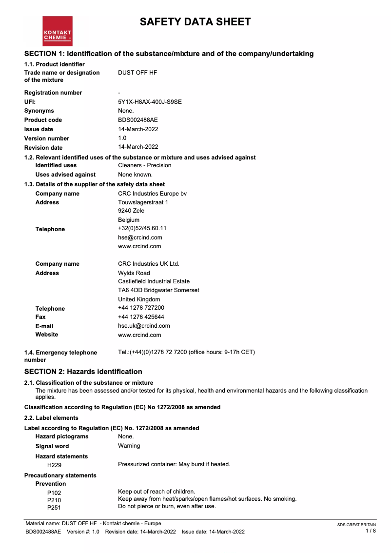 Page 1 de la notice Manuel utilisateur Kontakt Chemie DUST OFF HF
