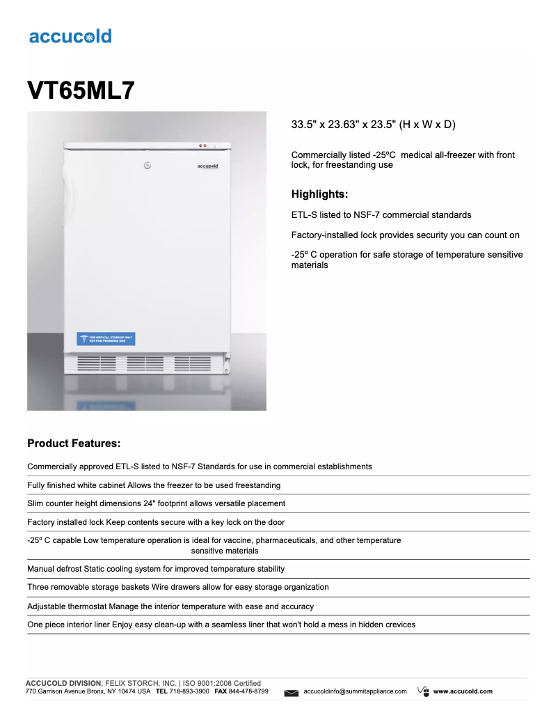 Page 1 de la notice Fiche technique Summit Accucold VT65ML7