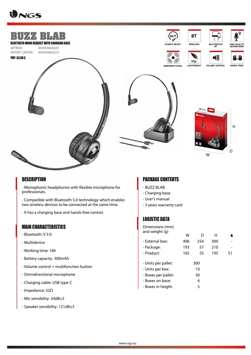 Page 1 de la notice Fiche technique NGS Buzz Blab