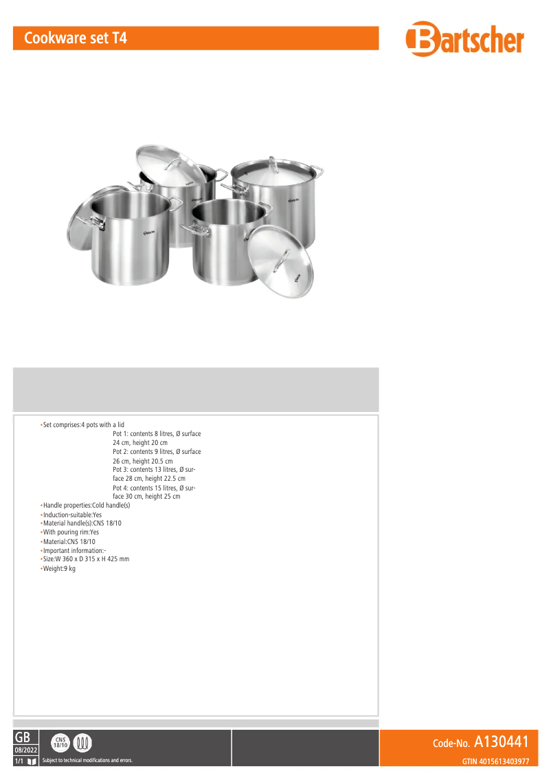 Page 1 de la notice Fiche technique Bartscher A120409
