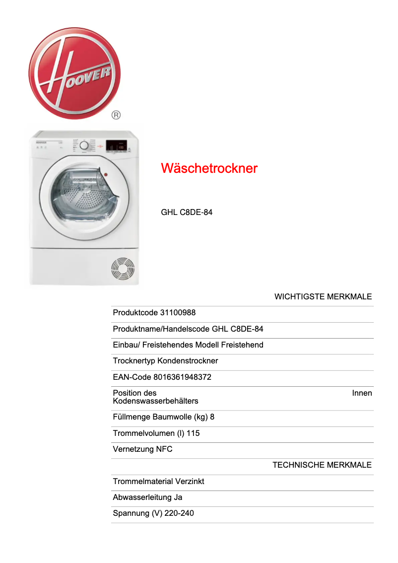 Page 1 de la notice Manuel utilisateur Hoover GHL C8DE-84