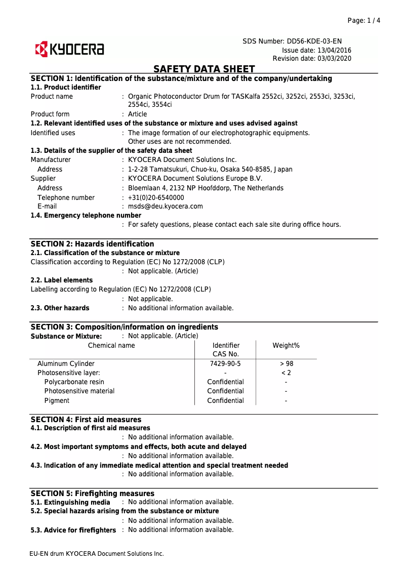 Page 1 de la notice Instructions de sécurité Kyocera TASKalfa 2554ci