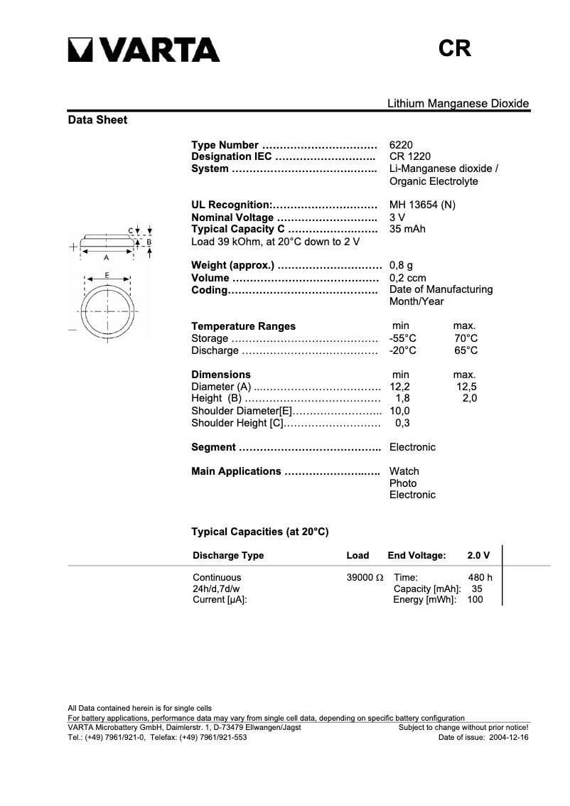 Page 1 de la notice Manuel utilisateur Varta CR 1220 Primary Lithium Button