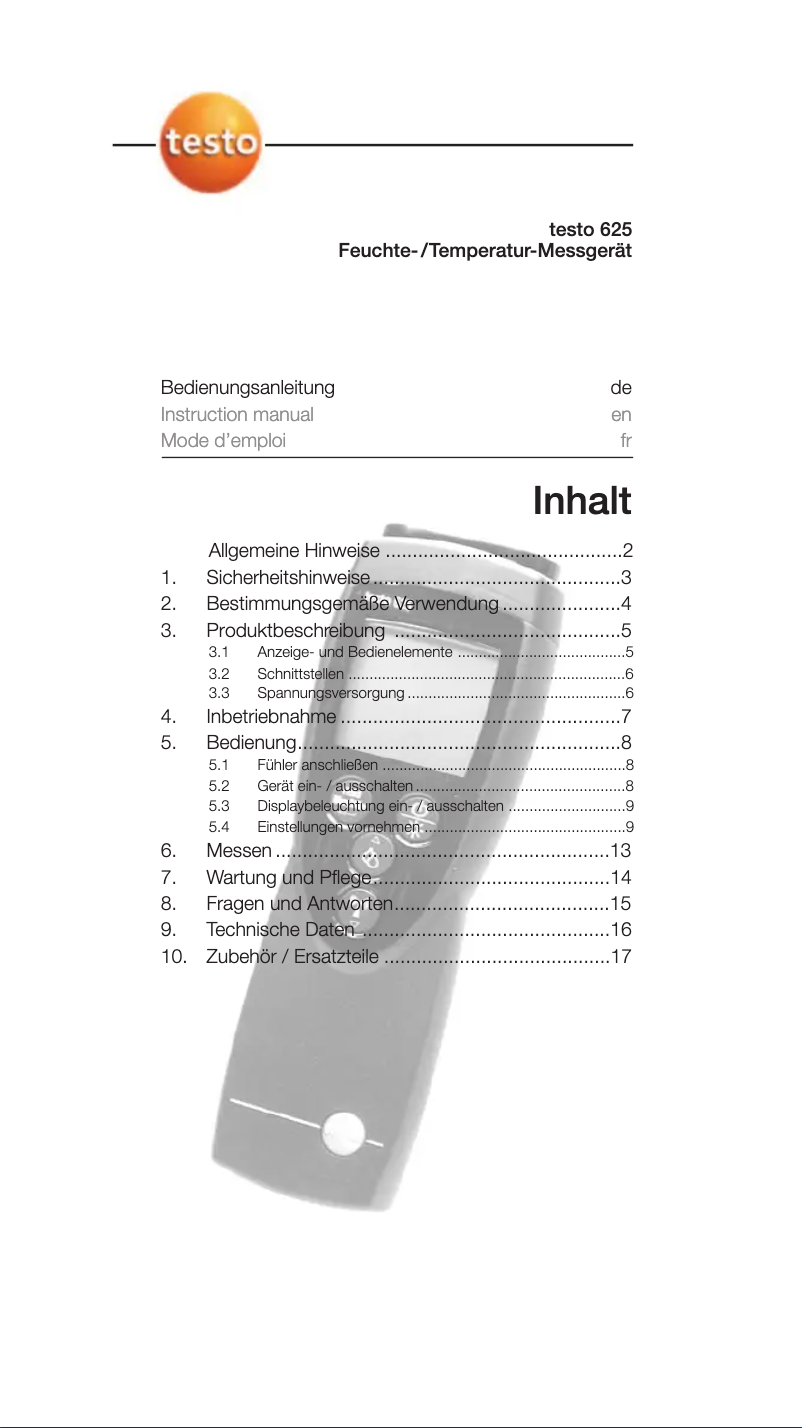 Page 1 de la notice Manuel utilisateur Testo 625