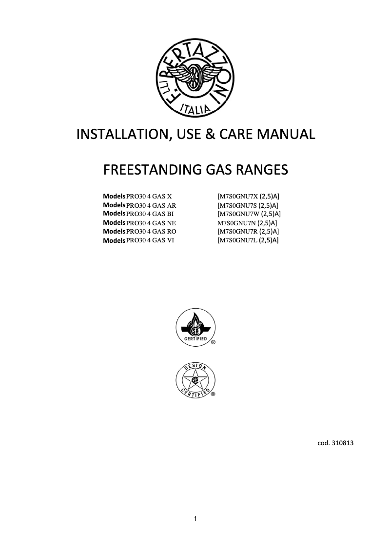 Page 1 de la notice Manuel utilisateur Bertazzoni PRO30 4 GAS NE