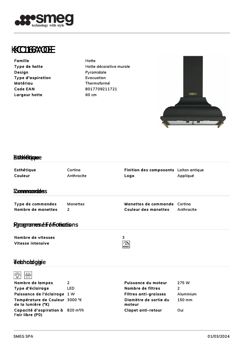 Page 1 de la notice Fiche technique Smeg KC16AOE