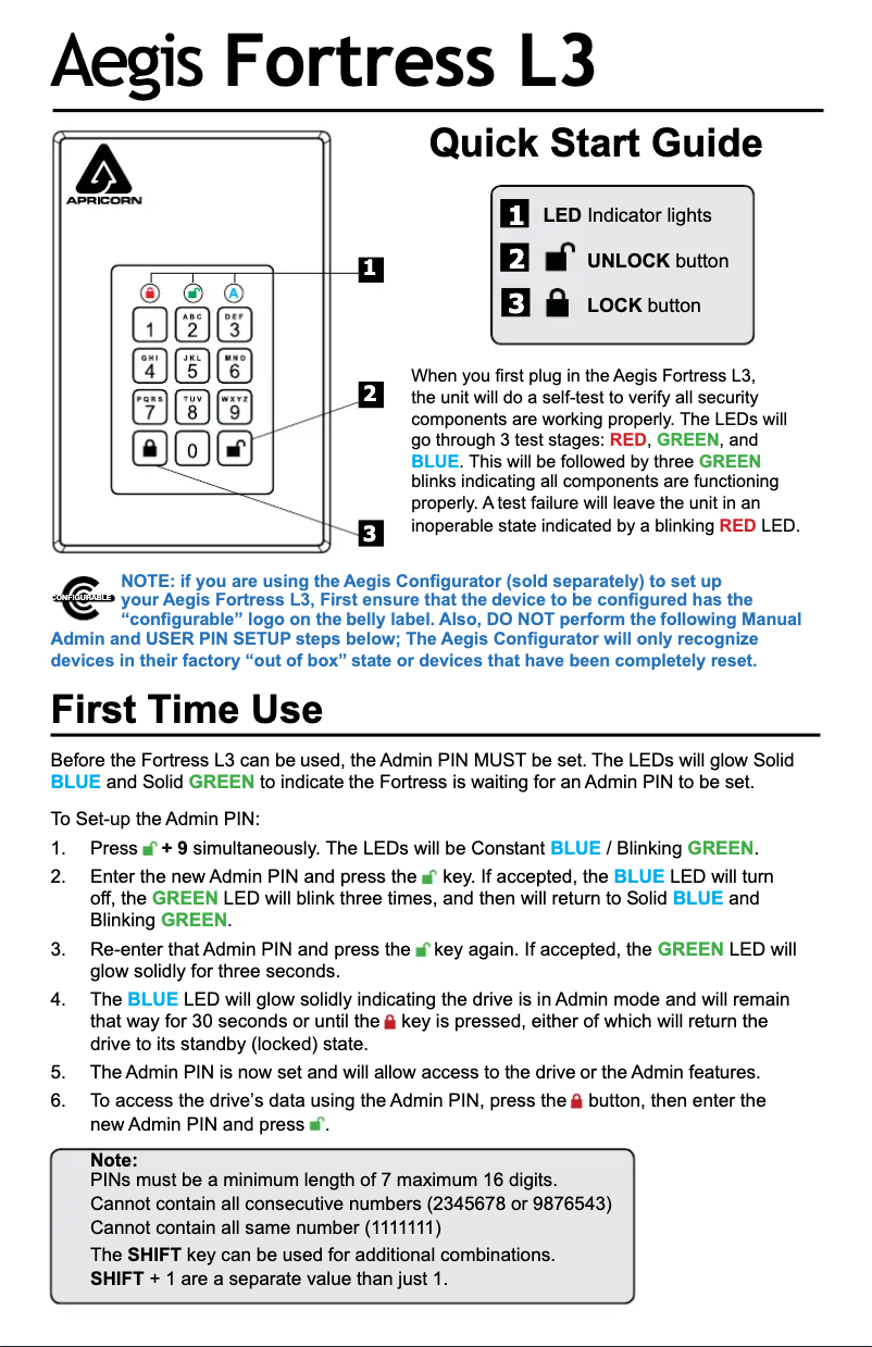 Page 1 de la notice Manuel utilisateur Apricorn Aegis Fortress L3
