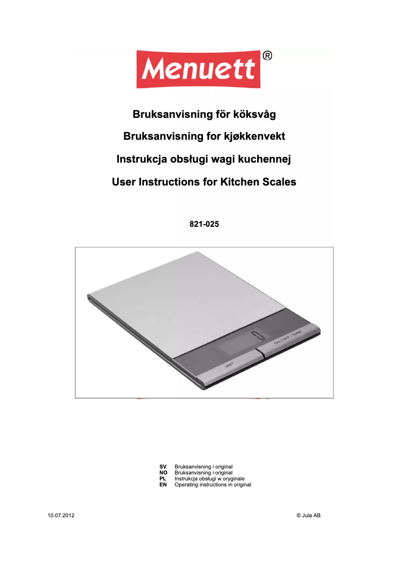 Page 1 de la notice Manuel utilisateur Menuett 821-025