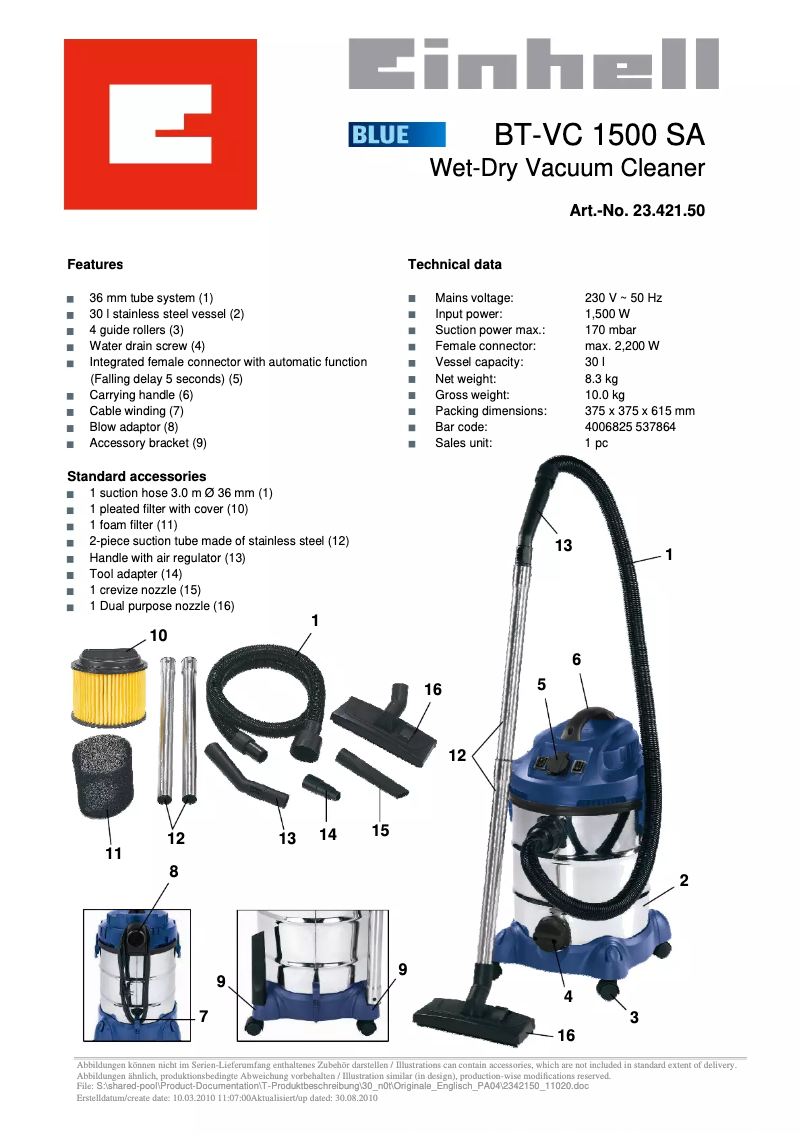 Page 1 de la notice Fiche technique Einhell BT-VC 1500 SA
