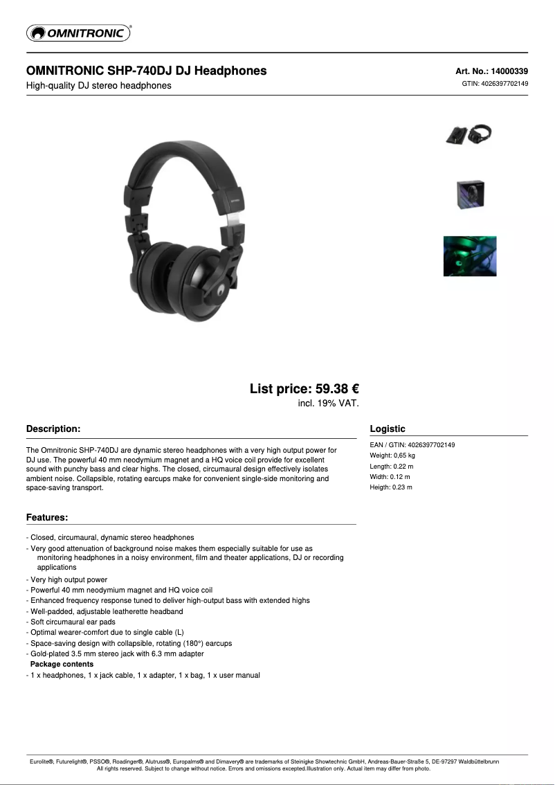 Page 1 de la notice Manuel utilisateur Omnitronic SHP-740DJ