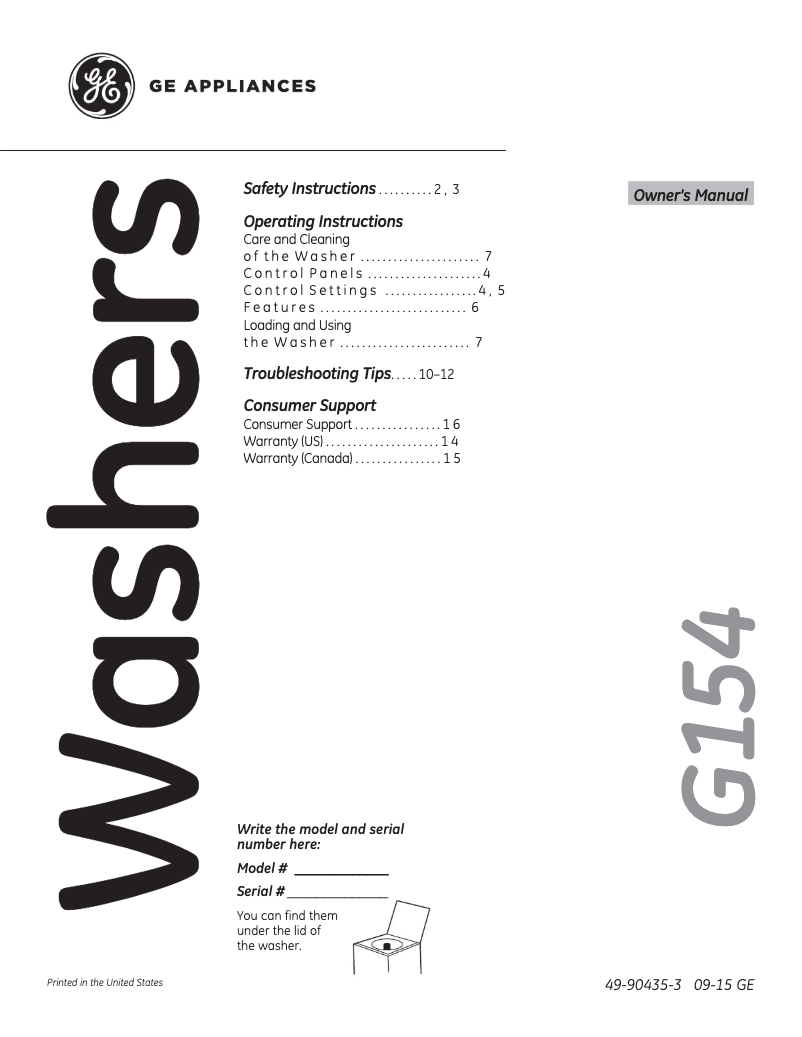 Page 1 de la notice Manuel d'utilisation et d'entretien GE GTWN2800DWW