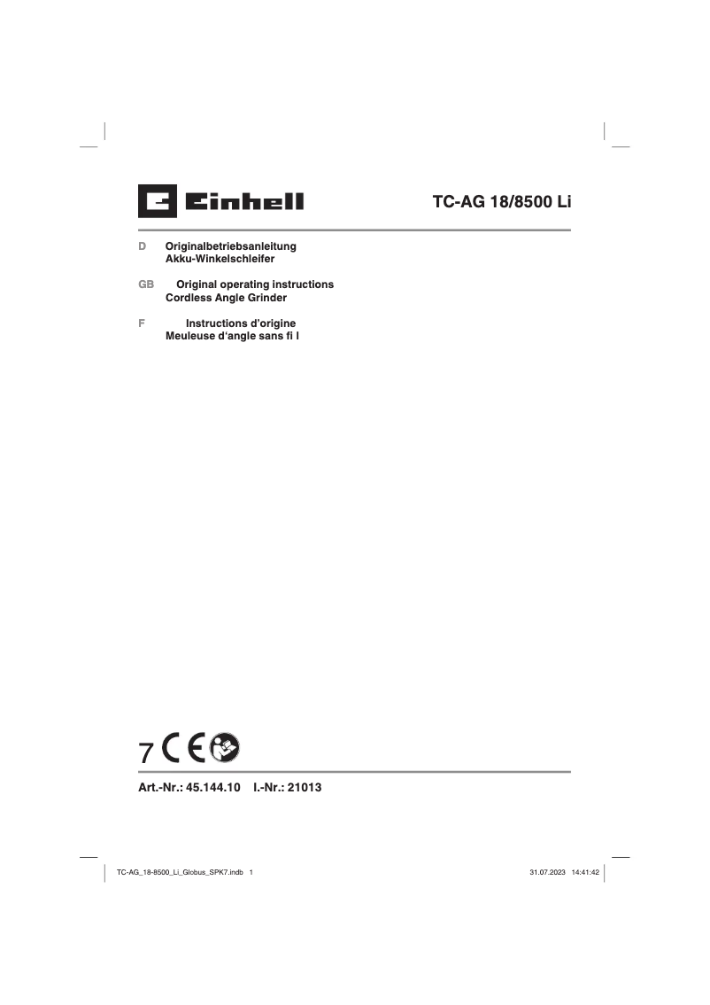 Página 1 del manual Manual de usuario Einhell TC-AG 18/8500 Li