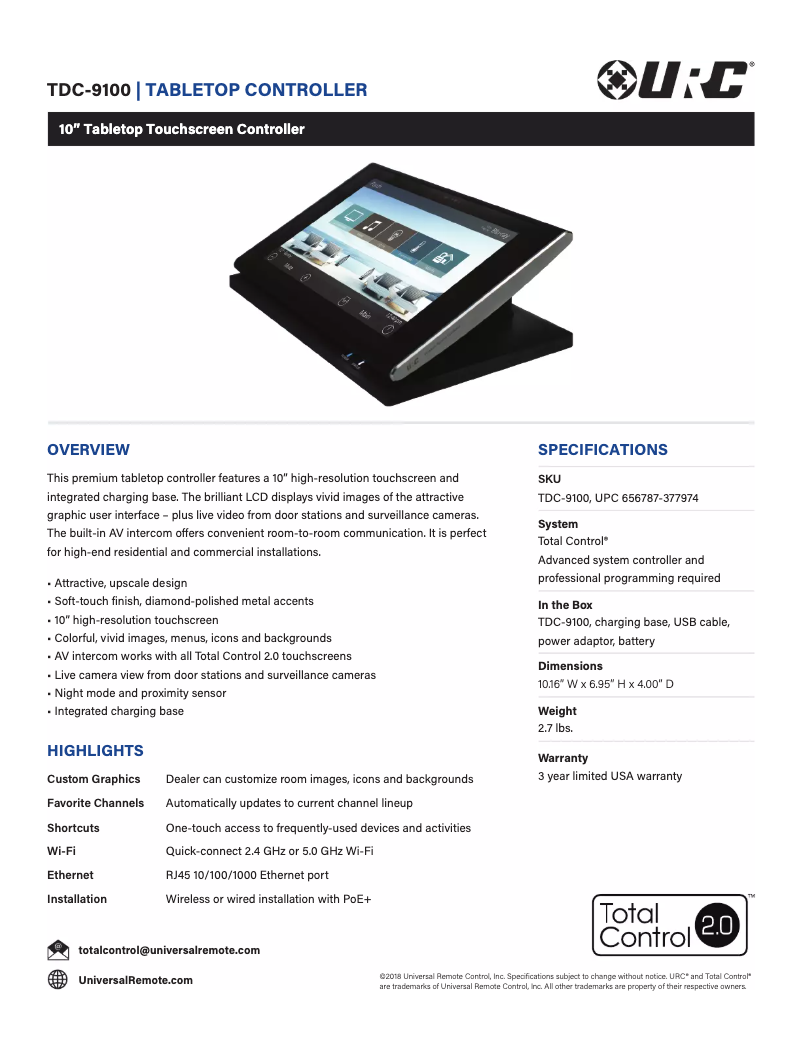 Page 1 de la notice Fiche technique Universal Remote Control TDC-9100