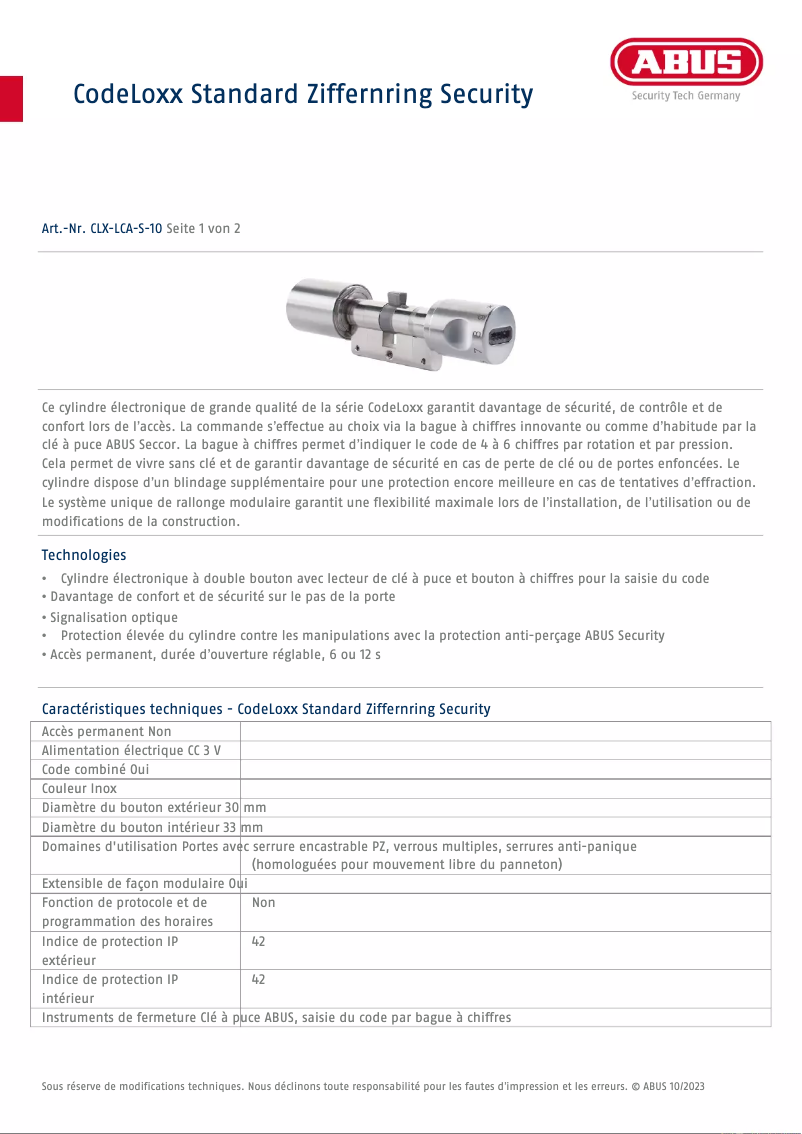 Page 1 de la notice Fiche technique Abus CLX-LCA-S-10