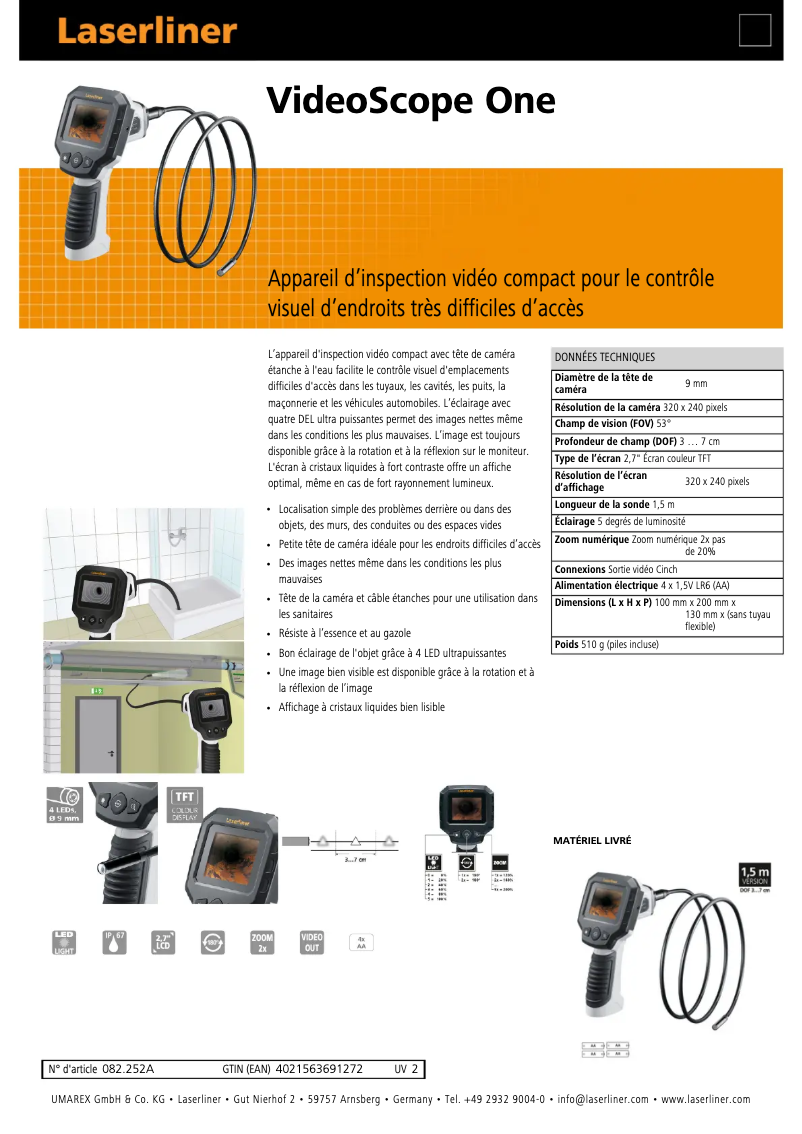 Page 1 de la notice Fiche technique Laserliner VideoScope One