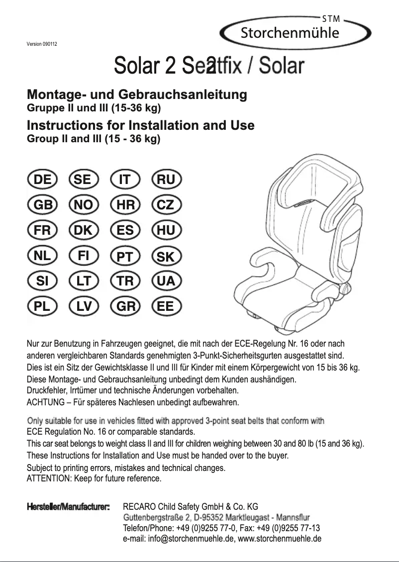Page 1 de la notice Manuel utilisateur Storchenmuhle Solar 2 Seatfix