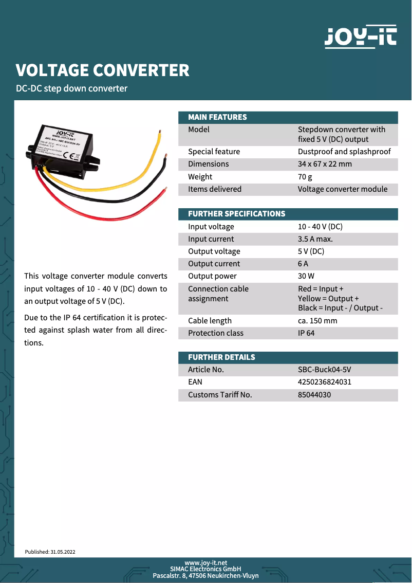 Página 1 del manual Ficha técnica Joy-It SBC-Buck04-5V