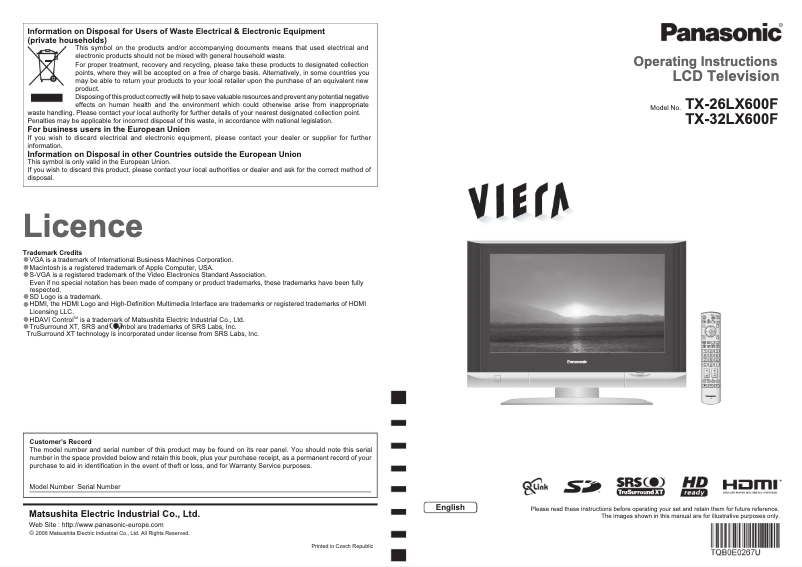 Page 1 of the manual User Manual Panasonic Viera TX-26LX600F