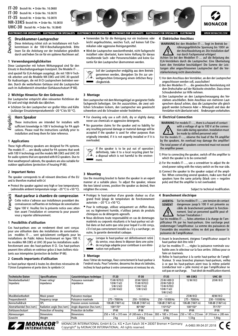 Page 1 de la notice Manuel utilisateur Monacor IT-20
