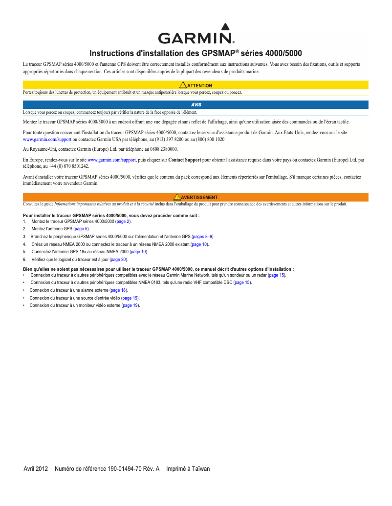Page 1 de la notice Guide d'installation Garmin GPSMAP 4212
