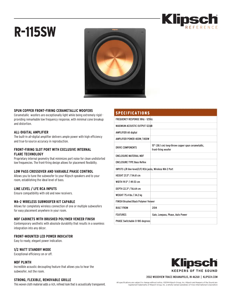 Page 1 de la notice Fiche technique Klipsch R-115SW