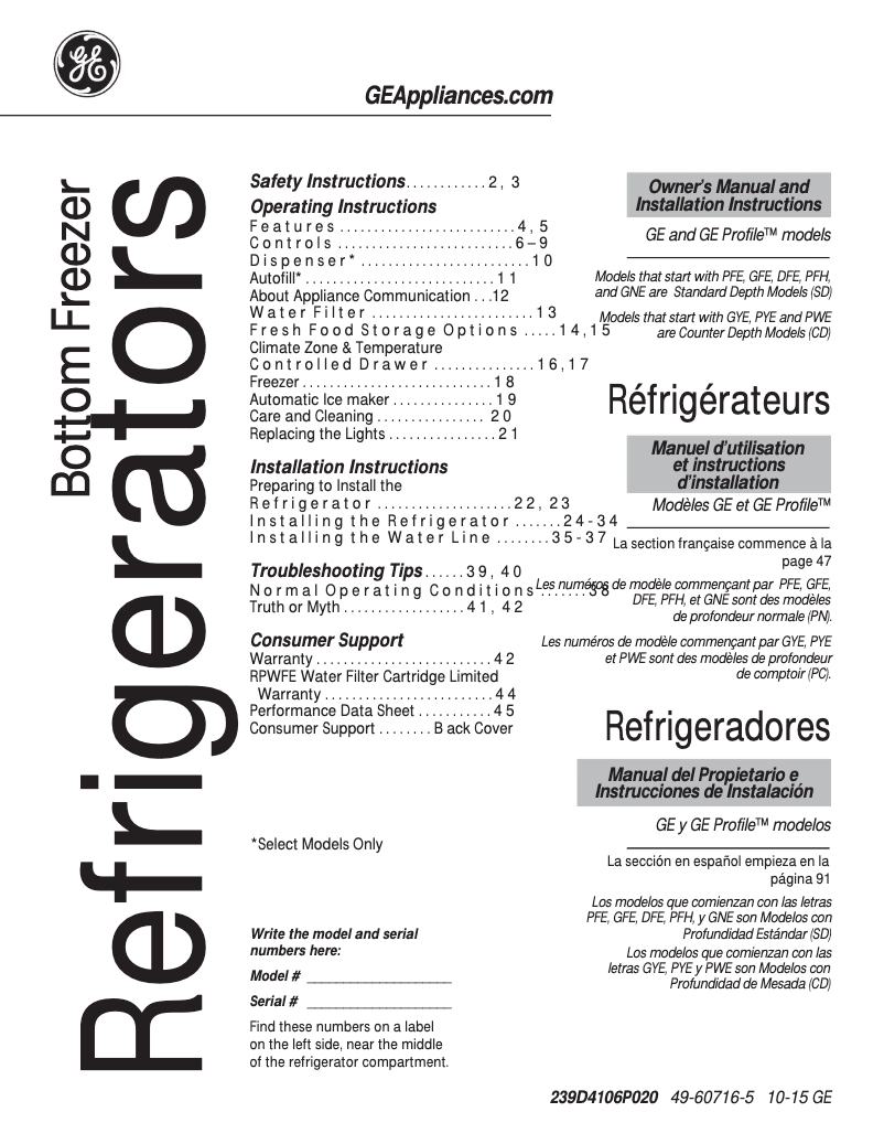 Page 1 de la notice Manuel d'utilisation et d'entretien GE GYE22KMHES