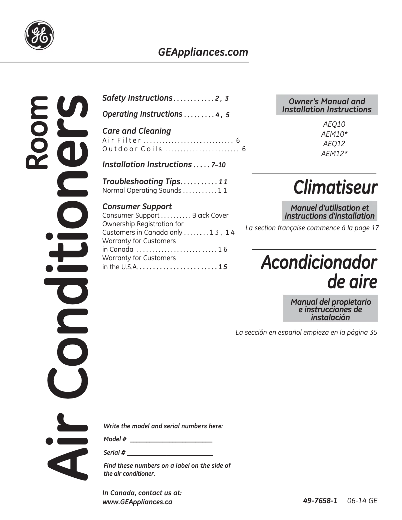 Page 1 of the manual Instruction Manual GE AEQ10AQ
