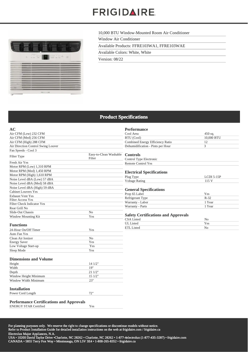 Page 1 de la notice Fiche technique Frigidaire FFRE103WAE