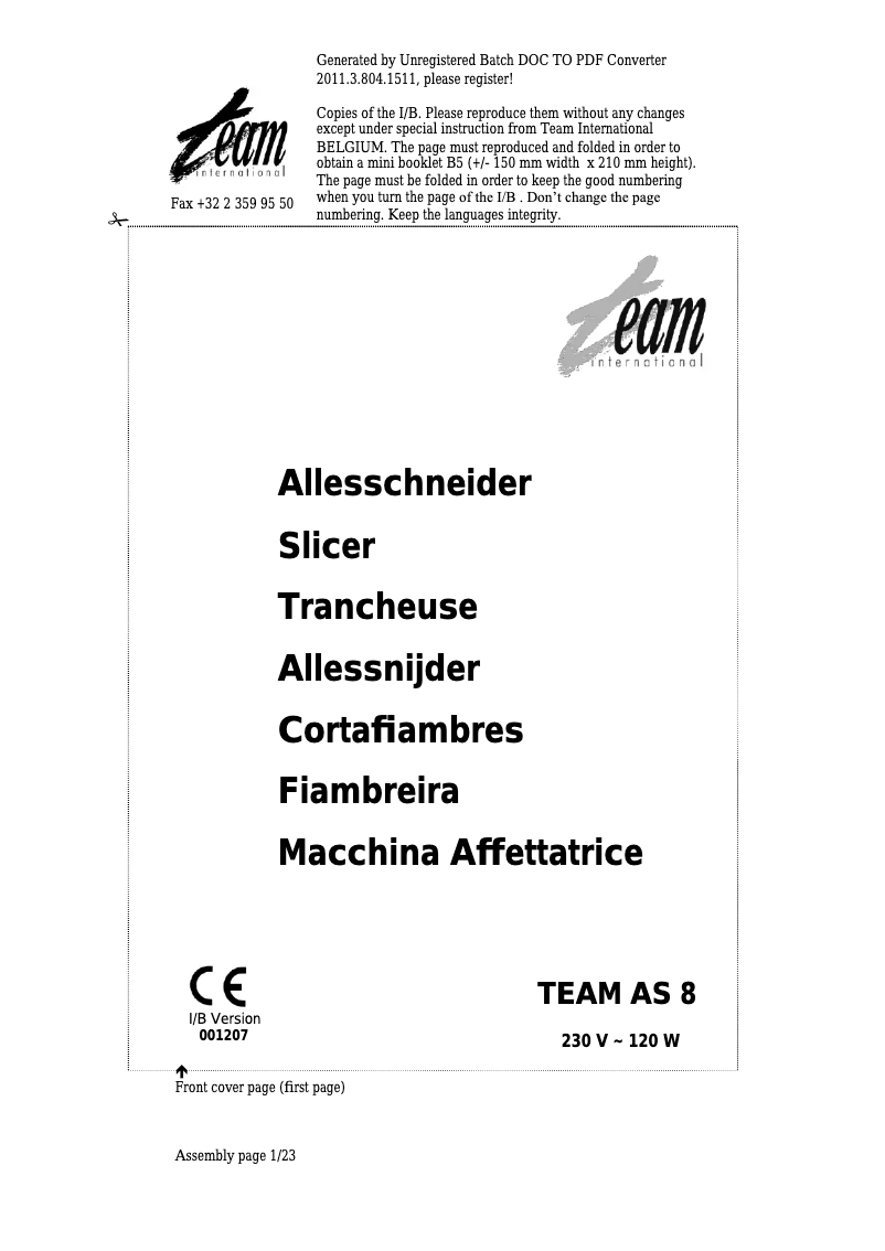 Page 1 de la notice Manuel utilisateur Team AS 8