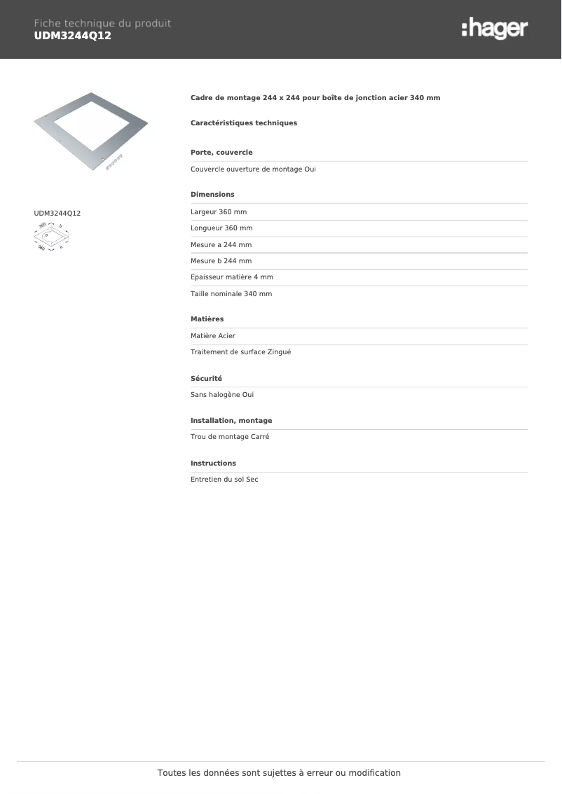 Page 1 de la notice Fiche technique Hager UDM3244Q12