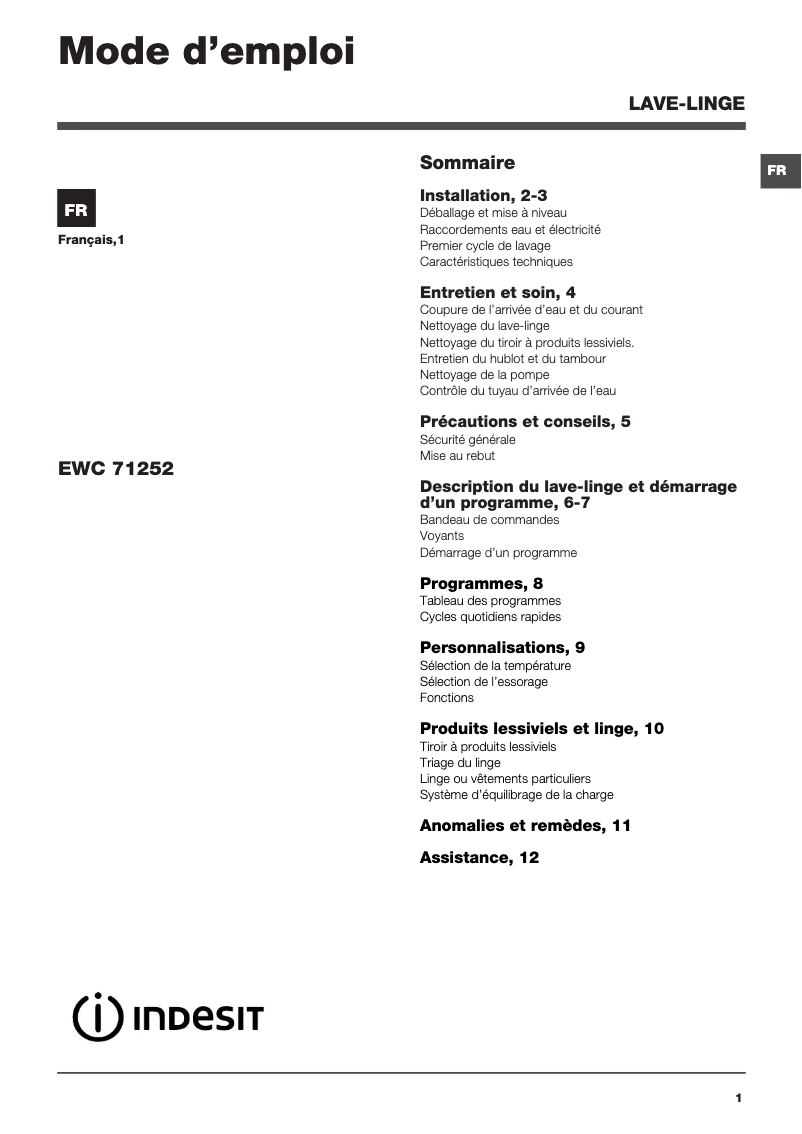 Image de la première page du manuel de l'appareil EWC 71252 S FR