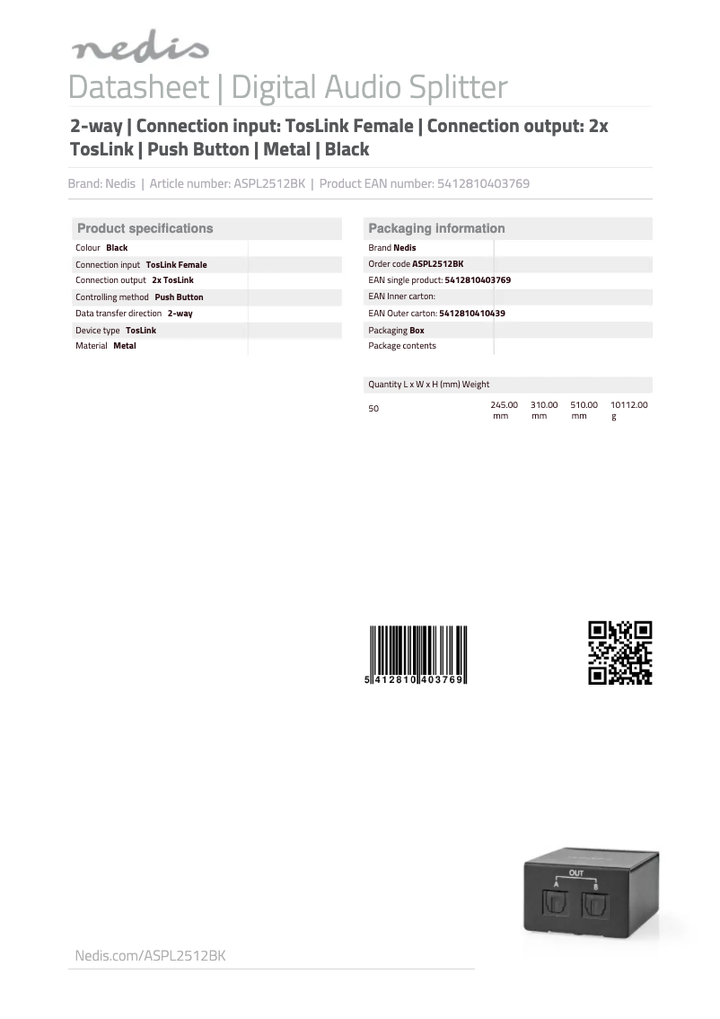 Page 1 de la notice Manuel utilisateur Nedis ASPL2512BK