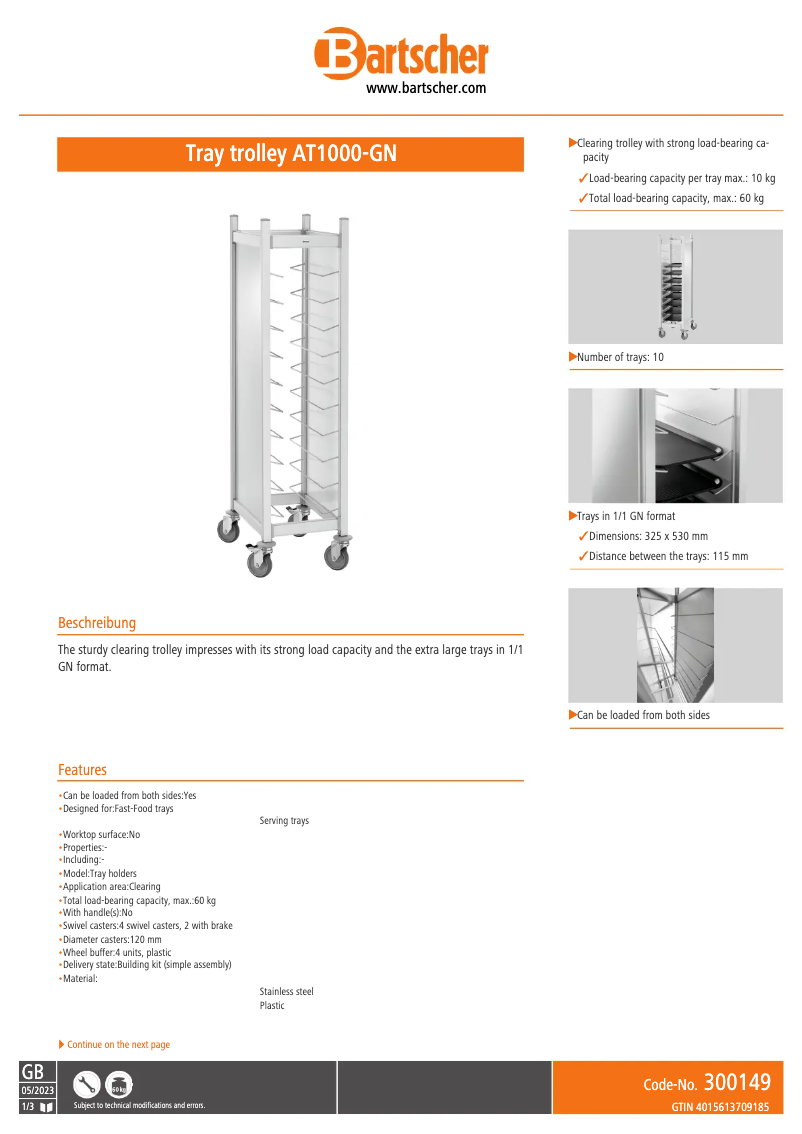 Page 1 of the manual Technical Sheet Bartscher AT1000-GN