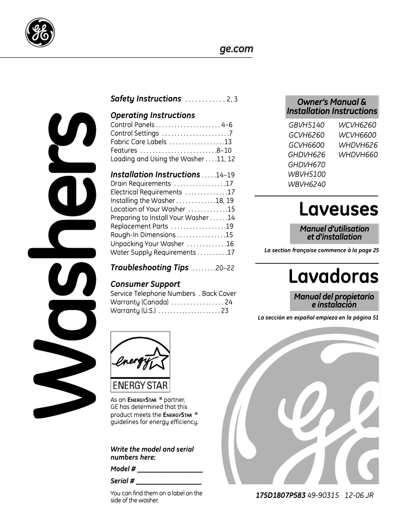 Page 1 of the manual User Manual GE WHDVH660